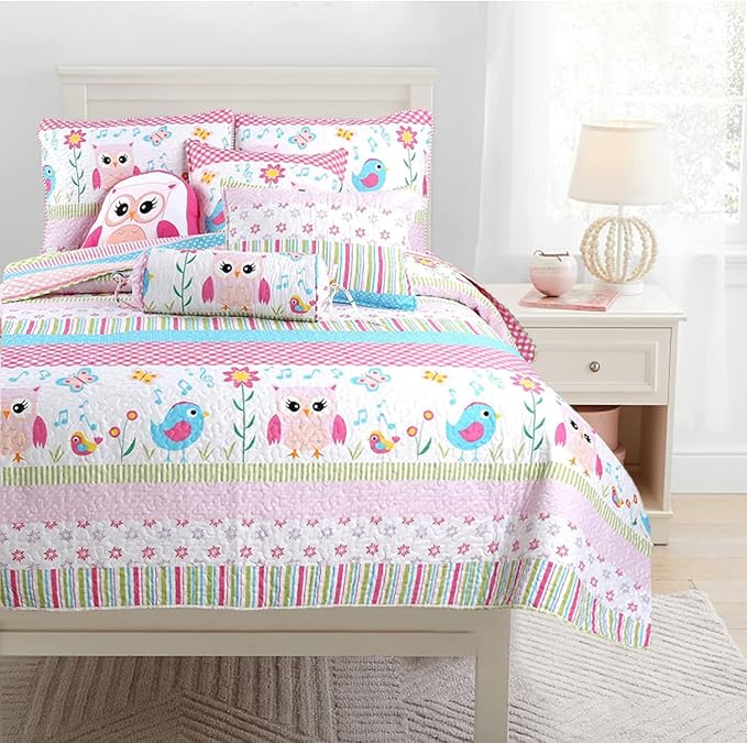 Cozy Line Home Fashions Happy Owl Pink Reversible Quilt Bedding Set, Coverlet, Bedspreads for Girls (Happy Owl, Twin - 2 Piece)