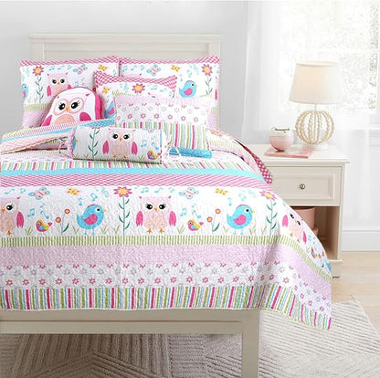 Cozy Line Home Fashions Happy Owl Pink Reversible Quilt Bedding Set, Coverlet, Bedspreads for Girls (Happy Owl, Queen -3 Piece)