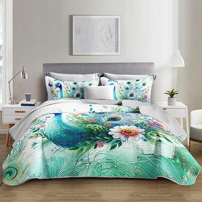 Teal Blossom Peacock Animal Quilt Bedding Queen 3Pcs Flower Butterfly Pattern Bed Set Watercolor Feather Lightweight Bedspread Coverlet with 2 Pillowcases for Kid Boy Girl Teen Adult Room Decor