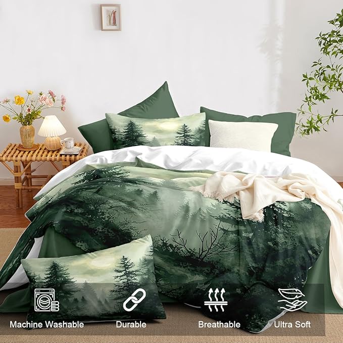 Pine Tree Duvet Cover Twin Size Forest Olive Green Duvet Cover Set Gradient Watercolor Botanical Bedding Set Soft Breathable Microfiber Comforter Cover(1 Pillowcase, No Comforter)