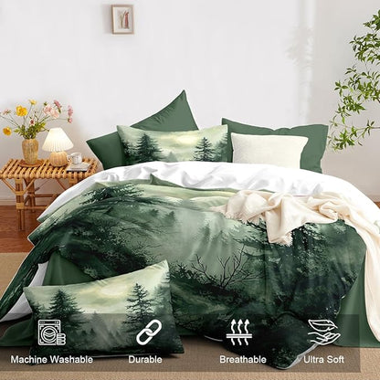 Pine Tree Duvet Cover Twin Size Forest Olive Green Duvet Cover Set Gradient Watercolor Botanical Bedding Set Soft Breathable Microfiber Comforter Cover(1 Pillowcase, No Comforter)