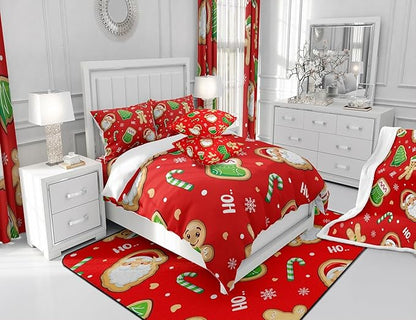 Erosebridal Santa Claus Comforter Set Full,Cute Gingerbread Man Bedding for Kids Child Teens,Cartoon Christmas Tree Snowflake Comforter Sets,Red Green Xmas Duvet Insert with 2 Pillowcases