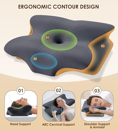 Cervical Pillow for Neck and Shoulder, Ergonomic Contour Memory Foam Pillows for Sleeping, Cooling Neck Support Pillow for Back Stomach Side Sleeper Dark Grey