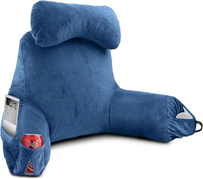 Reading Pillow for Sitting in Bed Adult, Bed Pillow with Shredded Memory Foam, 25''H Pillow with Detachable Neck Roll, Washable Cover, Sitting Up with Extend Arms, Navy
