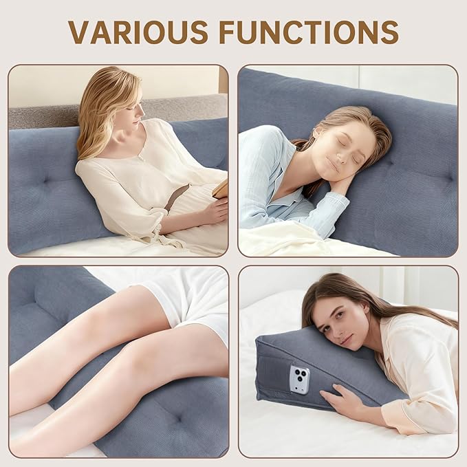 Headboard Pillow Twin Bed Wedge Pillow for Dorm, Daybed, Back Support, Sitting Up, Reading, Relaxing, Navy Blue