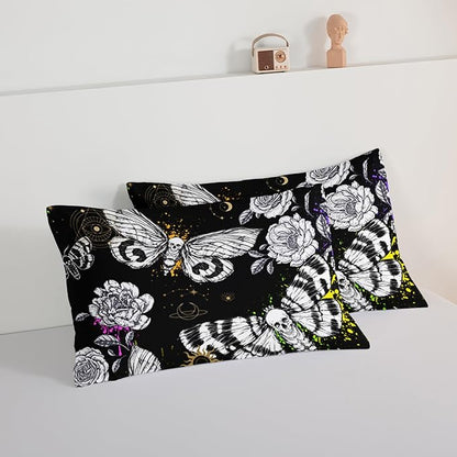 HOSIMA Death Moth Skull Heads Comforter for Queen Size Bed Horror Theme Halloween Bedding,Goth Bedding Set Floral Butterfly Bed Set Room Decor for Teen Girls Boys Black Comforter Set.