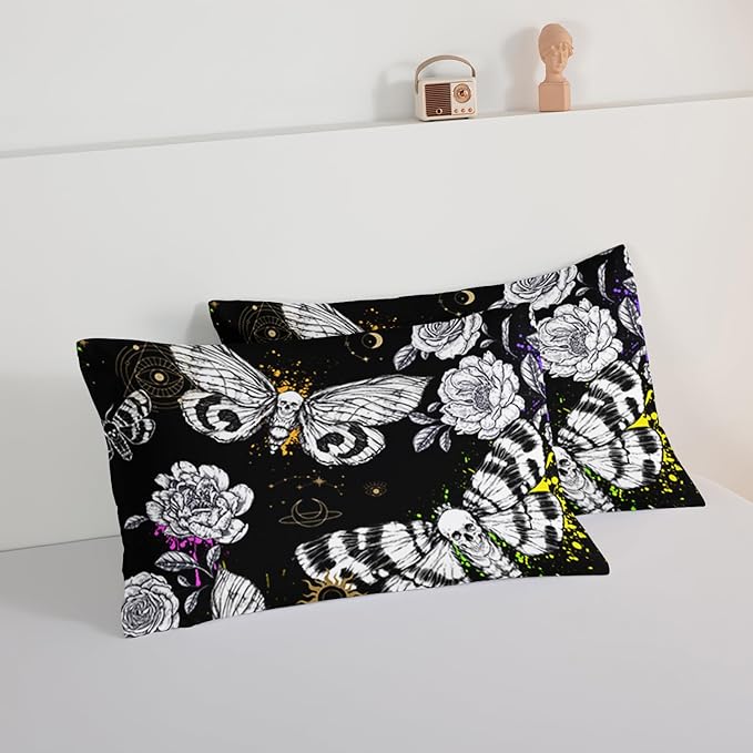 HOSIMA Death Moth Skull Heads Full Size Comforter Sets Horror Theme Halloween Bedding,Goth Bedding Set Floral Butterfly Bed Set Room Decor for Teen Girls Boys Black Comforter Set.
