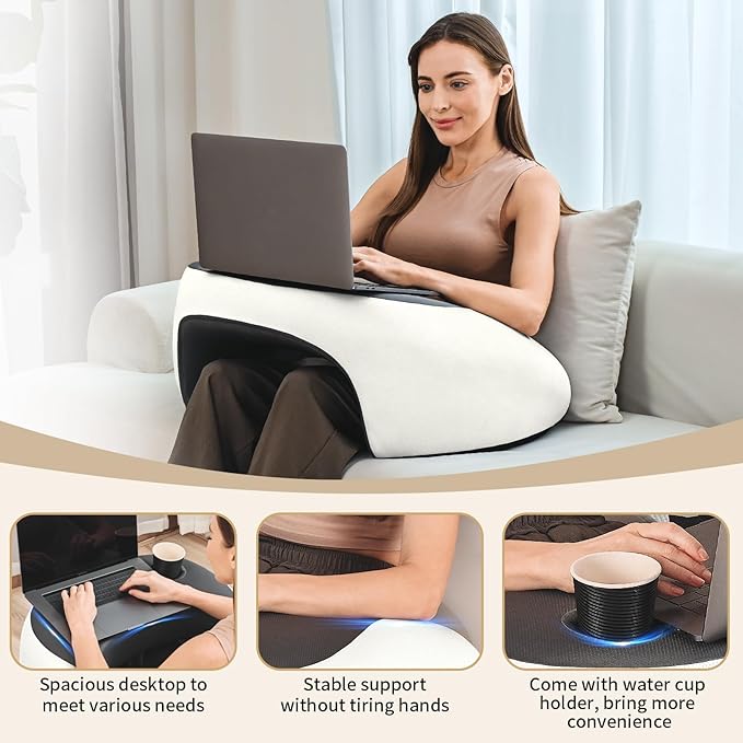 Reading Pillow, Lap Desk Pillow for Adult, Gaming Pillow Memory Foam for Arm Support, Arm Rest for Working, Crocheting, Playing Game or Siting in Bed, Floor, Sofa (White&Grey)