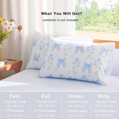 Blue Bow Duvet Cover Full 3Pcs Girls Floral Duvet Cover Set, Cute Romantic Princess Style Bowknot Bedding Set Soft Microfiber Garden Flower Bedding with 2 Pillowcases(No Comforter)