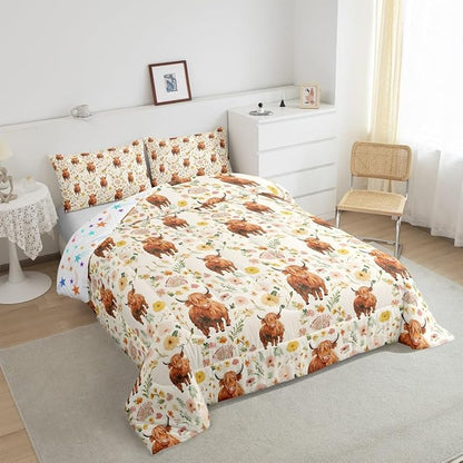 Feelyou Highland Cow Comforter Set for Girls Boys Kids Toddler Size Soft Animal Comforter Room Decor Western Decor Bedding Set Straw Yellow Duvet Set