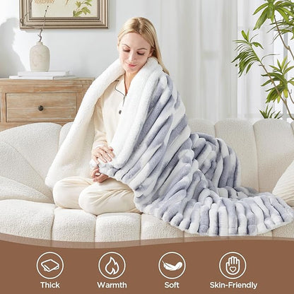 Westinghouse Electric Blanket Heated Throw, Super Cozy Luxury Faux Fur & Sherpa with 6 Heating Levels & 2-10 Hours Auto Off, Fast Heating & Overheat Protection, 50x60 Inch, Blue Gray