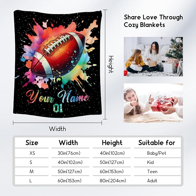 Personalized Football Blanket, Custom Football Gifts for Boys Men Adults, Flannel Throw Blankets for Team Player, Sport Theme Throws Boys Room Decor for Bed Living Room (Colorful, 60x80 Inch)