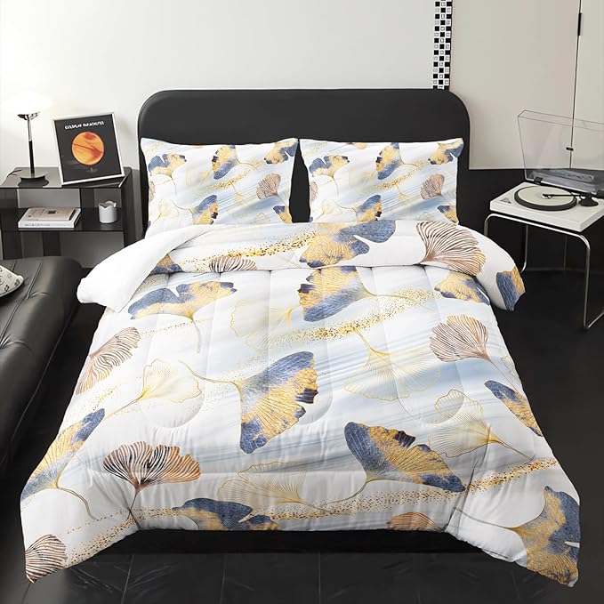 Golden Ginkgo Leaf Theme Comforter 3Pcs Twin Watercolor Ginkgo Plant Leaves Bedding Set for Kid Teen Girl Boy Adult Nature Botanical Floral Quilt Bed Decor with 1 Comforter and 2 Pillowcases