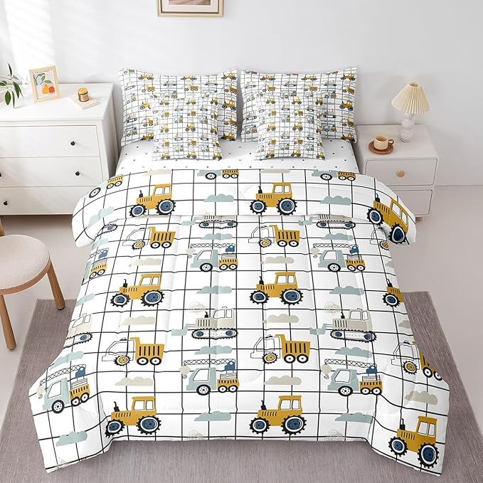 Feelyou Construction Truck Comforter Set with Sheets 7 Piece Twin Size Kids Machinery Truck Excavators Vehicles Bedding Set Cartoon Tractor Bed in a Bag Excavator Tractor Plaid Grid White Bed Set
