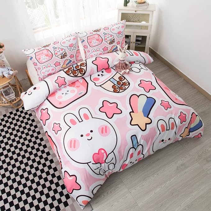 CVHOUSE Kawaii Bedding Set Twin Size,Cute Rabbit Bed for Girls Kids Teens,Pink Comforter Cover Soft,Kawaii Duvet Set,Girls Room Decor Quilt Twin 71'x87'