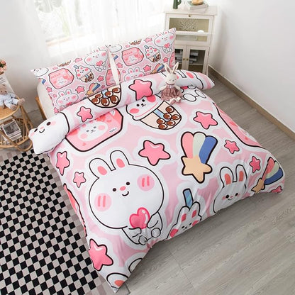 CVHOUSE Kawaii Bedding Set Twin Size,Cute Rabbit Bed for Girls Kids Teens,Pink Comforter Cover Soft,Kawaii Duvet Set,Girls Room Decor Quilt Twin 71'x87'