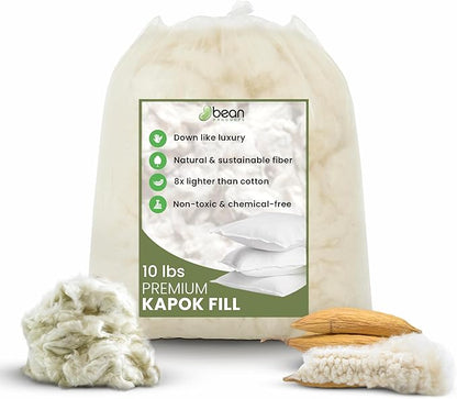 Bean Products Premium Kapok Fill | 10 lbs | 100% Organic Kapok Fiber | Chemical Free and Hypoallergenic | Perfect for Pillows, Pet Beds, Couches & More | Made in USA