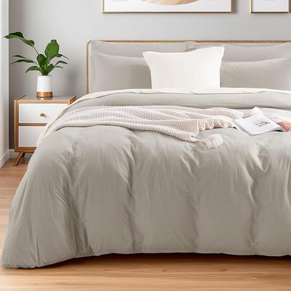 NEXHOME PRO Duvet Cover Full Size, 100% Washed Cotton Orgnic Linen Like Textured Breathable Durable Comfy, Cream Grey