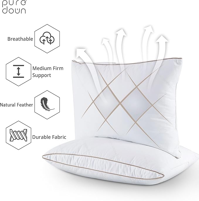 puredown® Natural Goose Down Feather Pillows for Sleeping Oval Gusseted Down Feather Pillow 100% Cotton Pillow Cover with Leaf Quilting Queen Set of 2
