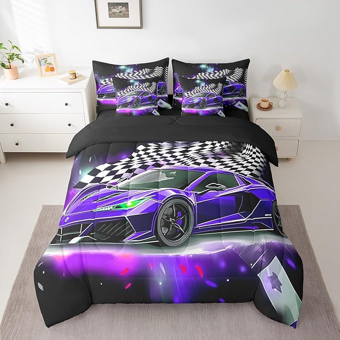 Feelyou Purple Racing Car 7 Piece Bedding Set Queen Size Extreme Sport Comforter Set with Sheets for Kids Boys Girls Teens Toddler Fast and Furious Bed in a Bag Black White Flag Bed Set