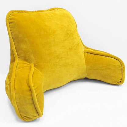 Super Soft Velvety Backrest Reading Bed Rest Pillow with Arms and Pockets 18" H for Sitting in Bed Couch Sofa, Back Support Wedge Cushion with Removable Cover, 20" x 18" x17", Mustard Yellow