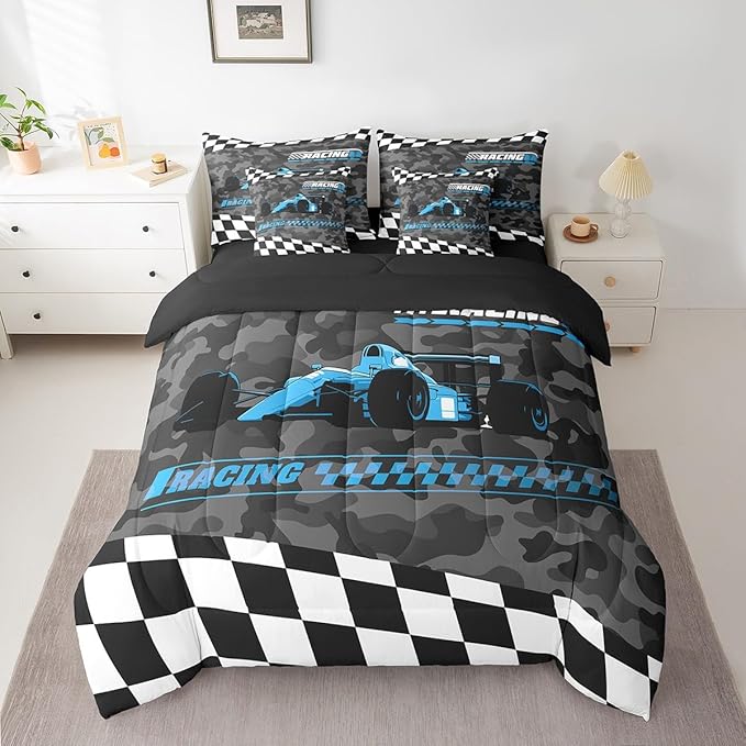 Feelyou Blue Racing Car 7 Piece Bedding Set King Size Kids Boys Cartoon Race Car Comforter Set with Sheets for Teens Toddler Extreme Sports Bed in a Bag Camouflage Bed Set