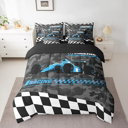Feelyou Blue Racing Car 7 Piece Bedding Set King Size Kids Boys Cartoon Race Car Comforter Set with Sheets for Teens Toddler Extreme Sports Bed in a Bag Camouflage Bed Set