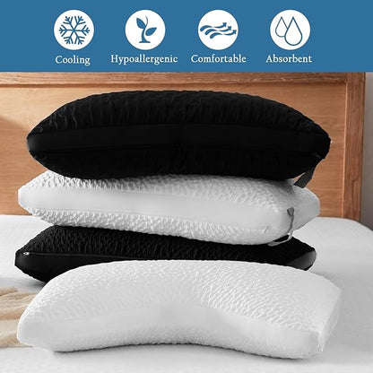 Side Sleeper Pillows for Adults, Adjustable Shredded Memory Foam Bed Pillows for Neck and Shoulder Pain, Standard Black Cooling Curved Pillows with Washable Cover & Extra Foam Bag