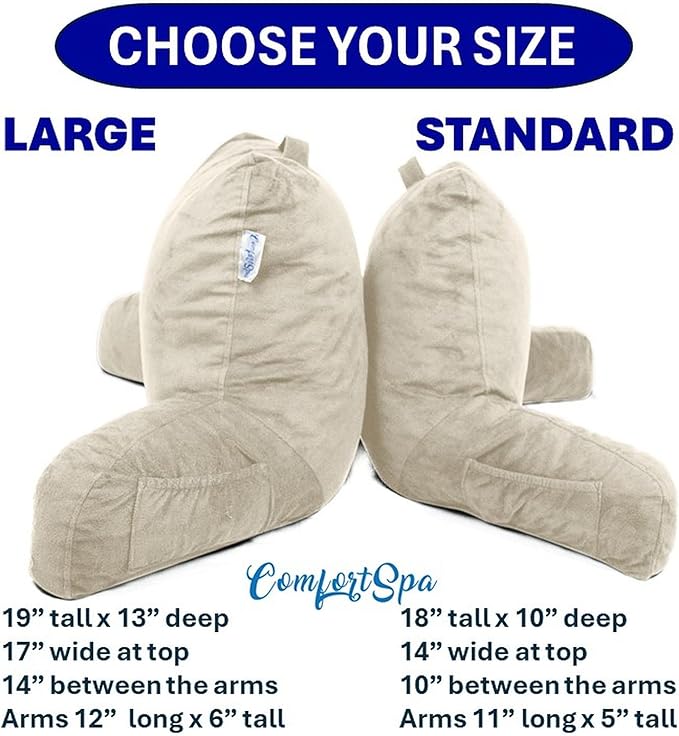 ComfortSpa Reading Pillow for Bed Adult Size, Back Rest Pillow with Arms, Pockets and Washable Cover; Use as a Back Pillow for Sitting in Bed for Bedrest or Relief from GERD Heartburn (Large Cream)