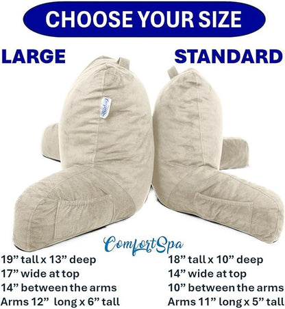 ComfortSpa Reading Pillow for Bed Adult Size, Back Rest Pillow with Arms, Pockets and Washable Cover; Use as a Back Pillow for Sitting in Bed for Bedrest or Relief from GERD Heartburn (Large Cream)