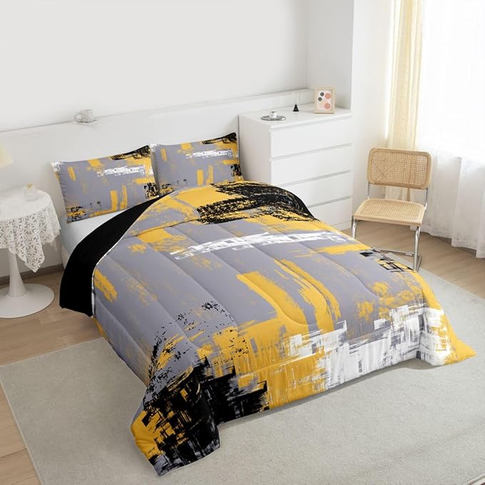 Feelyou Abstract Bedding Set Kids Modern Abstract Art Comforter Set Yellow Grey Black Comforter for Boys Room Decor Lightweight Retro Duvet Set King Size with 2 Pillow Case