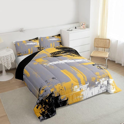 Feelyou Abstract Bedding Set Kids Modern Abstract Art Comforter Set Yellow Grey Black Comforter for Boys Room Decor Lightweight Retro Duvet Set King Size with 2 Pillow Case