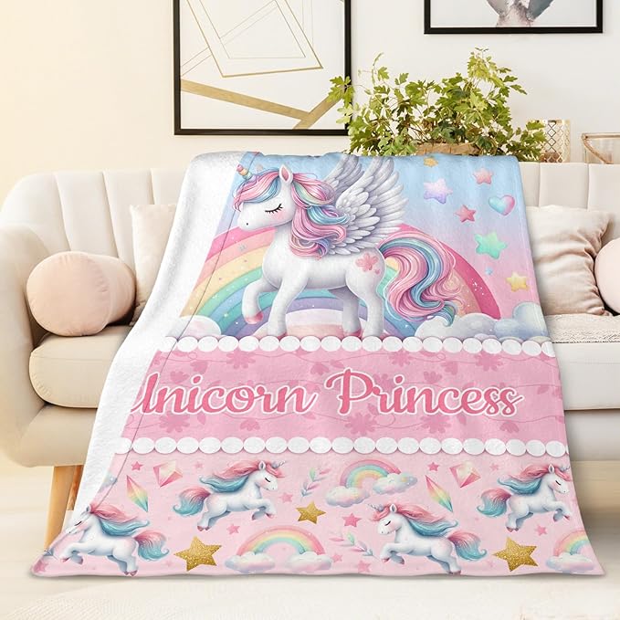 Pink Unicorn Blanket, Unicorn Gift, Cute 80 x 60 Inches Soft Cozy Blanket, Gift for Girls Women, Unicorn Lovers, Soft Warm Fuzzy Throw Blanket for Bed, Living Room, Home Decor, Camping