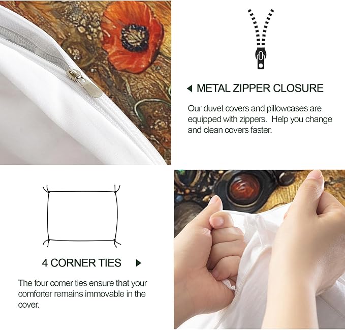 Horse Duvet Cover Twin Size, Ancient Warhorses Bedding Set 2 Piece Kids and Adults Red Poppy and Horse Comforter Cover and 1 Pillow Sham with Zipper Closure
