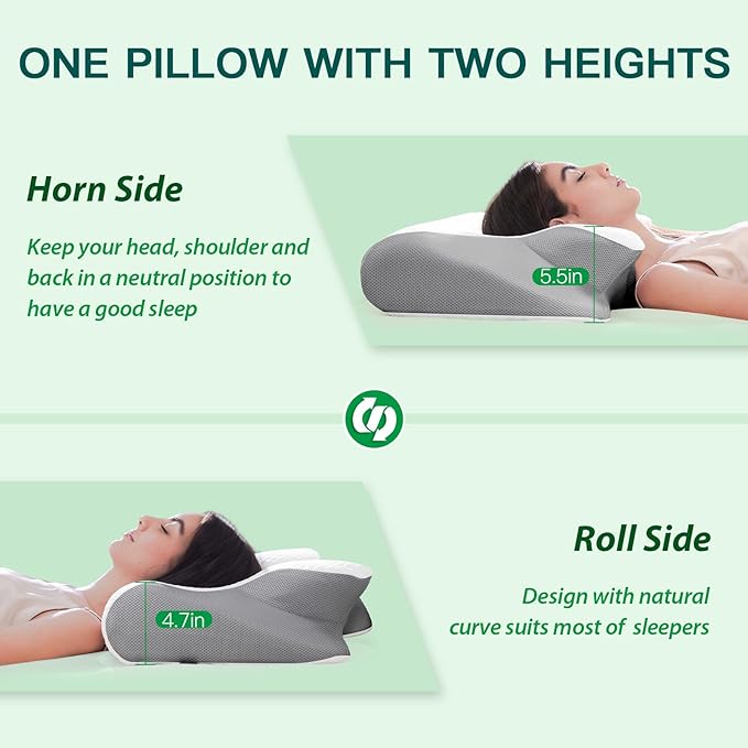Memory Foam Cervical Pillow, 2-in-1 Ergonomic Neck Support Pillow with Armrest & Ear Hole, Contour Orthopedic Bed Pillow for Pain Relief, Adjustable Height for Side, Back & Stomach Sleepers