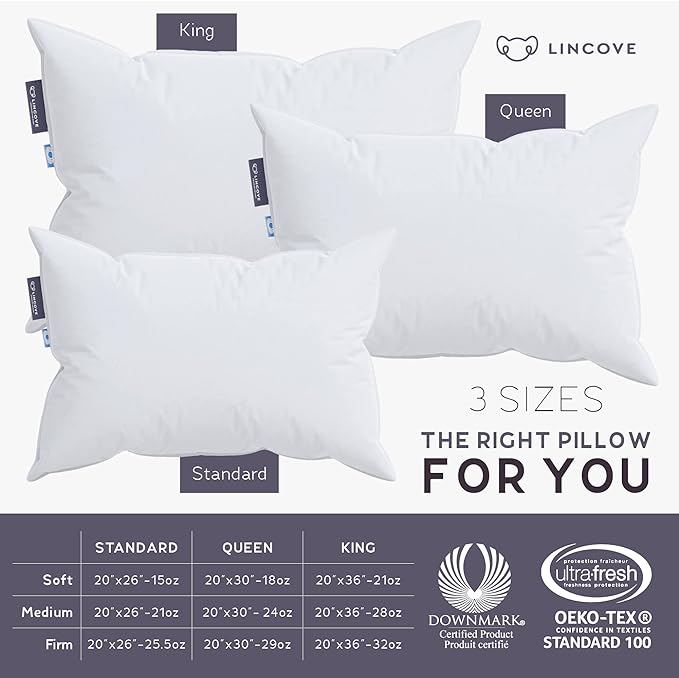 Lincove Cloud Natural Canadian Down Pillow, White Luxury Sleeping Pillow - 625 Fill Power, 100% Cotton Shell, 500 Thread Count, Made in Canada, Queen - Soft, 1 Pack