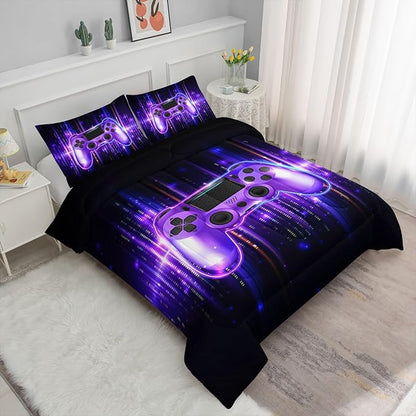 3D Gamepad Comforter Set Cool Purple Game Printed Bedding Set with 1 Comforter and 2 Pillowcases for Boys and Girls Bedroom All Season(Gamepad Queen)