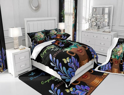 Girl African Duvet Cover Set Full Size,African Style American Inspirational Quotes Bedding Set Kids Girls Women Room Decor,Watercolor Flowers Butterfly Comforter Cover Black Fashion Quilt Cover 3pcs