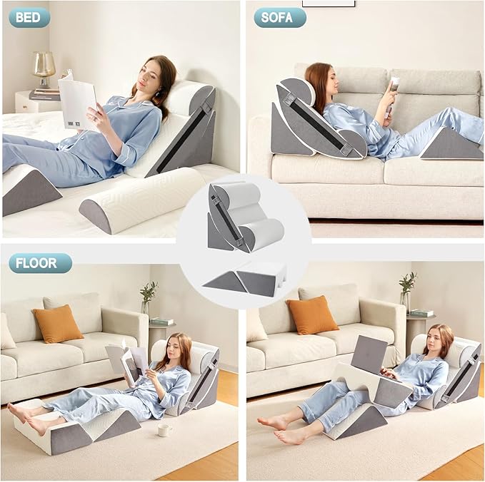 Yojoker 6pcs Orthopedic Bed Wedge Pillow Set for Post Surgery, Memory Foam for Sleeping, Back and Leg Pain Relief Comfortable & Adjustable Support Pillows-Anti Snoring, Heartburn