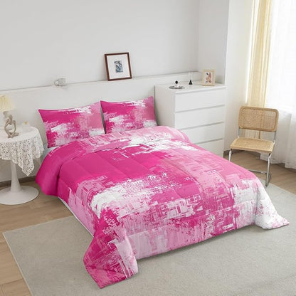 Feelyou Pink Abstract Duvet Quilt Geometric Bedding Set for Kids Boys Girls Teens Room Decor Modern Comforter Set King Size Buffalo Check 3Pcs Breathable Soft Lightweight Microfiber