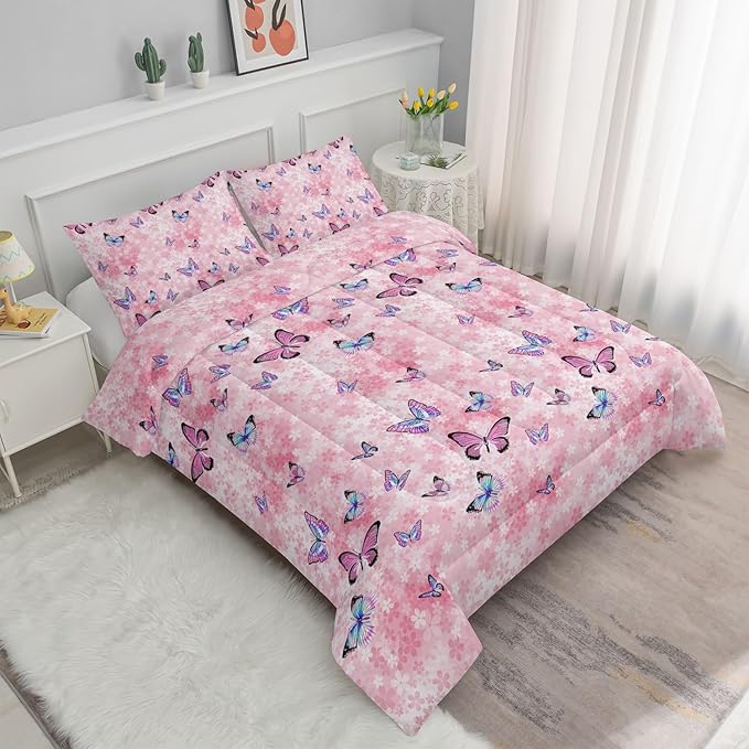 Datura home Kids Comforter Set Girls Pink Flower Butterfly Printed Pattern Quilt Bedding Set with 1 Comforter and 2 Pillowcases for Girls Bedroom All Season(Pink Flower Butterfly Twin 68x86inch)