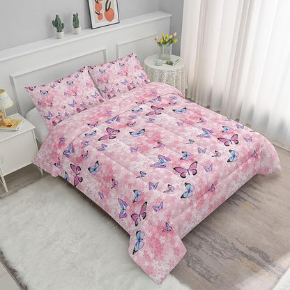 Datura home Kids Comforter Set Girls Pink Flower Butterfly Printed Pattern Quilt Bedding Set with 1 Comforter and 2 Pillowcases for Girls Bedroom All Season(Pink Flower Butterfly Twin 68x86inch)