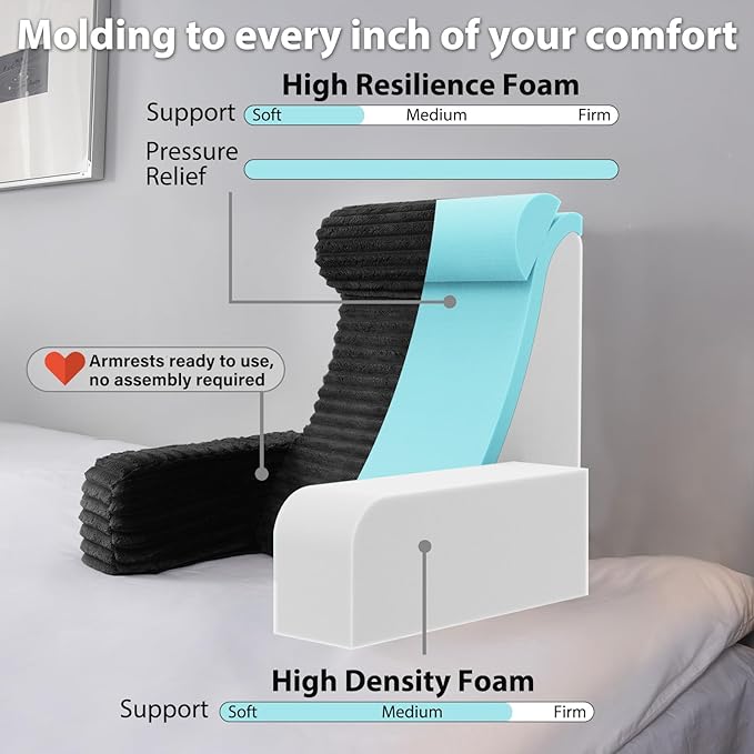 ENITYA 22" XL Back Pillow for Bed Sitting up, Built-in Arms & Big Pockets, Reading Pillow for Sitting in Bed Adult, Ideal for Sitting up/Watching TV/Reading/Gaming/Resting/Post Surgery, Black