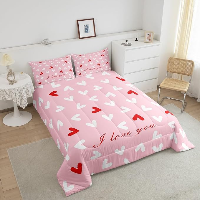 Feelyou Heart Comforter Set Twin Size Comforter for Boys Girls Teens Cute Bedding Set Kawaii Duvet Set Room Decor Pink Quilt Set