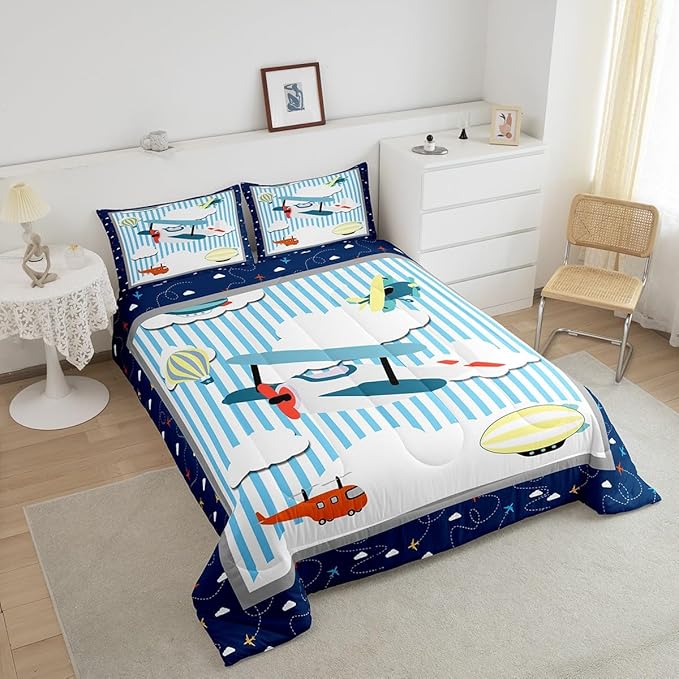 Airplane Kids Bedding Cartoon Aircraft Design Comforter Set Toddler Size Boys Girls Colorful Planes Hot Air Balloon Bed Set Blue and White Sketch Lines Kawaii Clouds Quilt with 1 Pillowcase