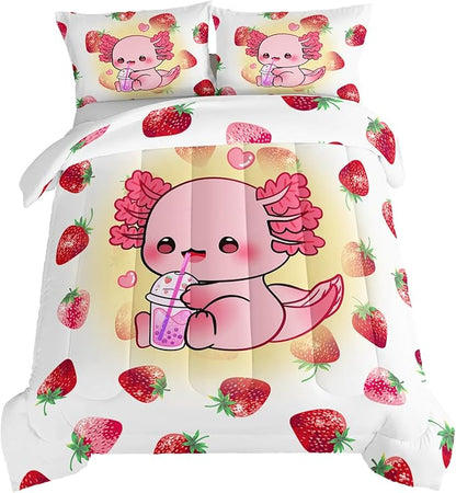 HOSIMA Pink Kawaii Axolotl Bedding Comforter Set for Kids,Cartoon Strawberry Milk Tea Print King Size Comforter Set Bedroom Decoration for Children Girl with 2 Pillowcases.