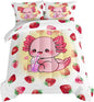 HOSIMA Pink Kawaii Axolotl Bedding Comforter Set for Kids,Cartoon Strawberry Milk Tea Print Queen Size Comforter Set Bedroom Decoration for Children Girl with 2 Pillowcases.