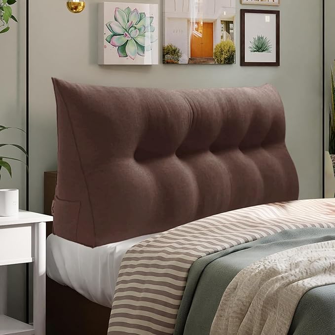 WOWMAX 85% Linen 15% Cotton Blend Headboard Pillow – Queen Size Reading Wedge Backrest for Bed, Handmade Firm Support Bolster Cushion with Removable Cover, Premium Bed Rest Pillow, Brown
