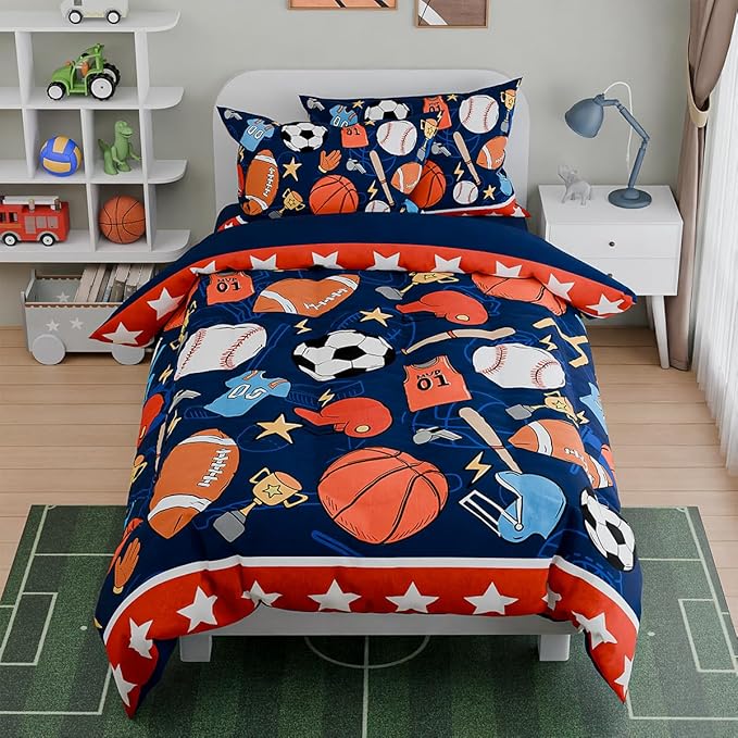 SANDJEST Sports Bedding Sets for Boys, Ultra Soft Microfiber Comforter Bed Set with 3-Pieces, Comforters Sets for Kids Children Boy Bedroom Decor