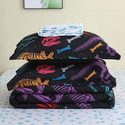 7 Piece Boys Dinosaur Comforter Set Queen Size 3D Black Dinosaur Skeleton Bedding Set for Toddler Kids Teens Christmas Birthday Gift